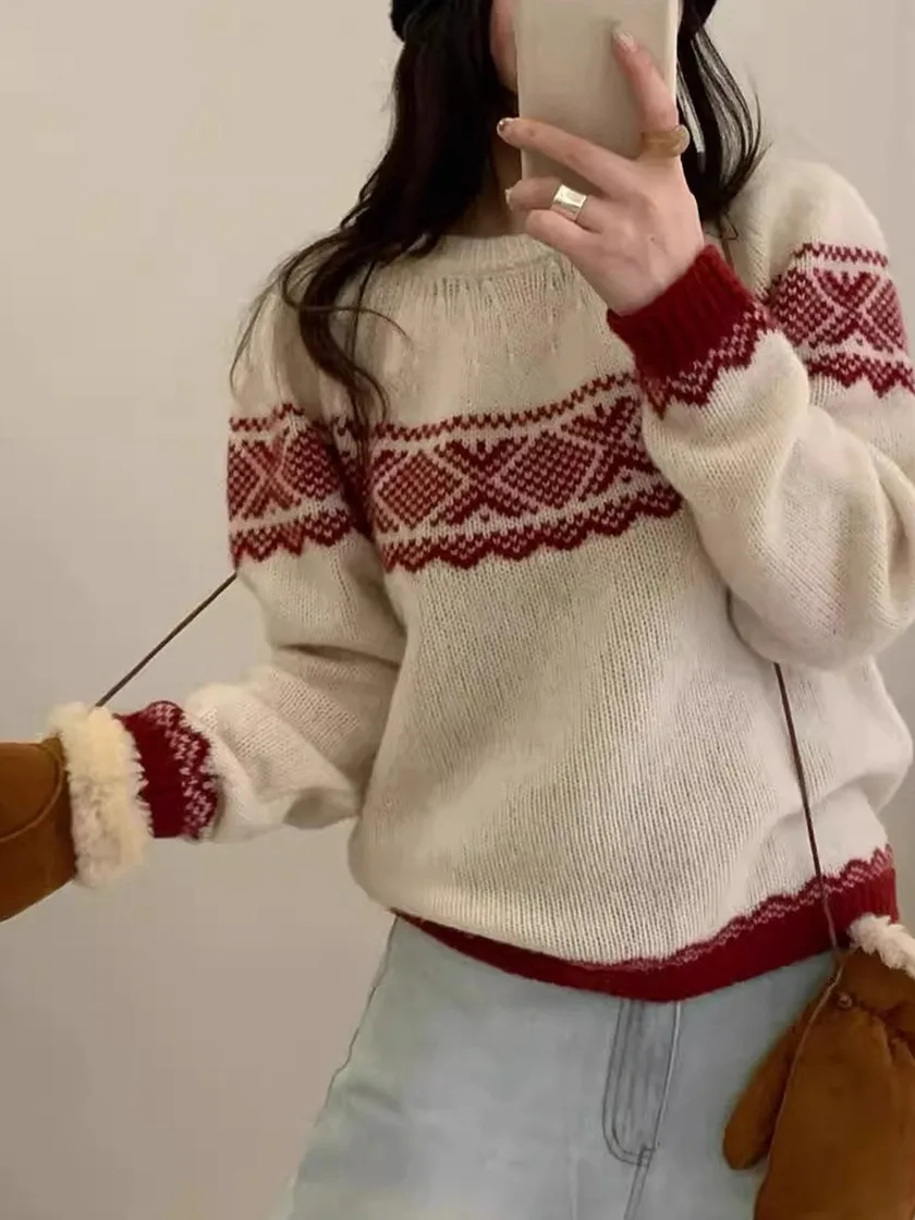 Suéter de Punto Casual de Cuello Redondo, Talla ande, Retro, para Mujer, Otoño Invierno, Cálido, Suave, Cómodo, Jersey de Moda