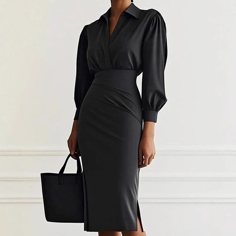 سليم صالح المرأة فساتين مثيرة الخريف مزاجه الجديد كم طويل قميص فستان للنساء Bodycon بلون مكتب سيدة فستان #2