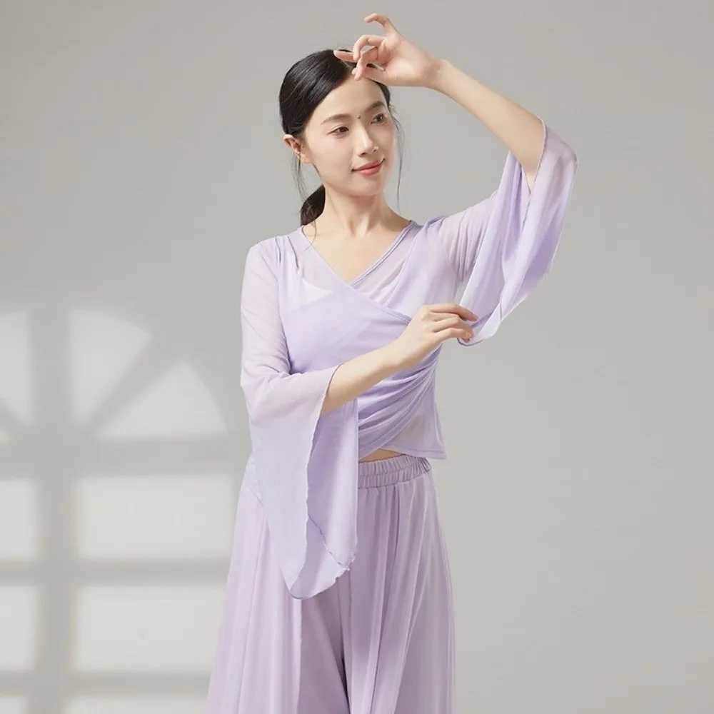 

Elegant Classical Dance Top Sheer Mesh Hanfu Style Chinese Folk Dancewear Gauze Material Flowy Design Mesh Top Women Dancewear