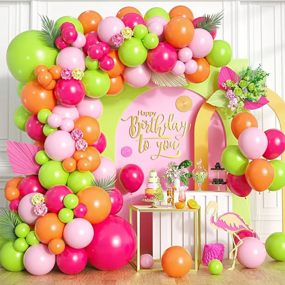 82pcs Tropical Balloon Arch, Hot Pink Orange Green Latex Balloons for Hawaiian Pool Party Decorations Birthday Baby Shower