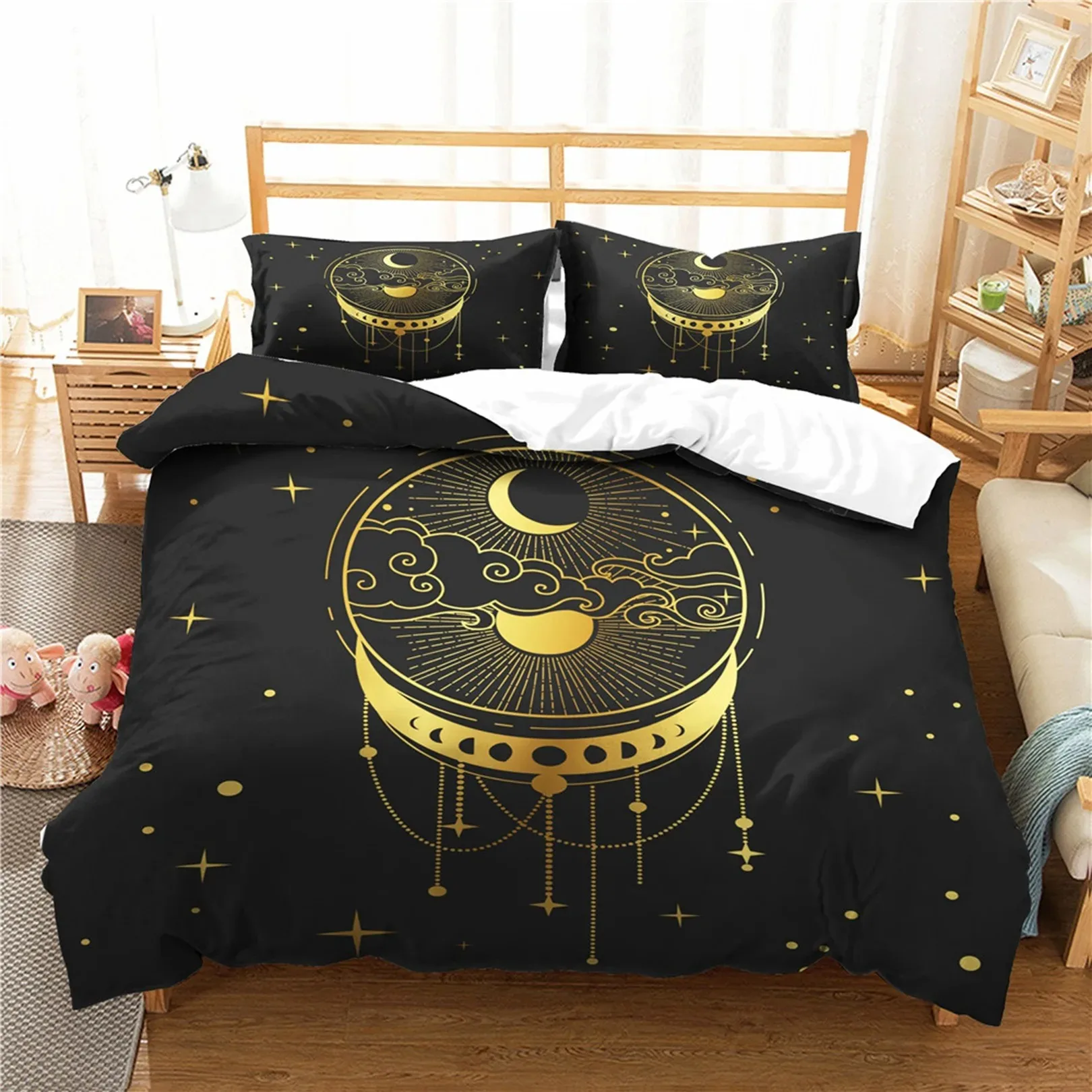 Mandala Duvet Cover Sun and Moon Decor Quilt Cover Set KingQueen Size,Boho Exotic Style Black and White Bedding Set for Adults