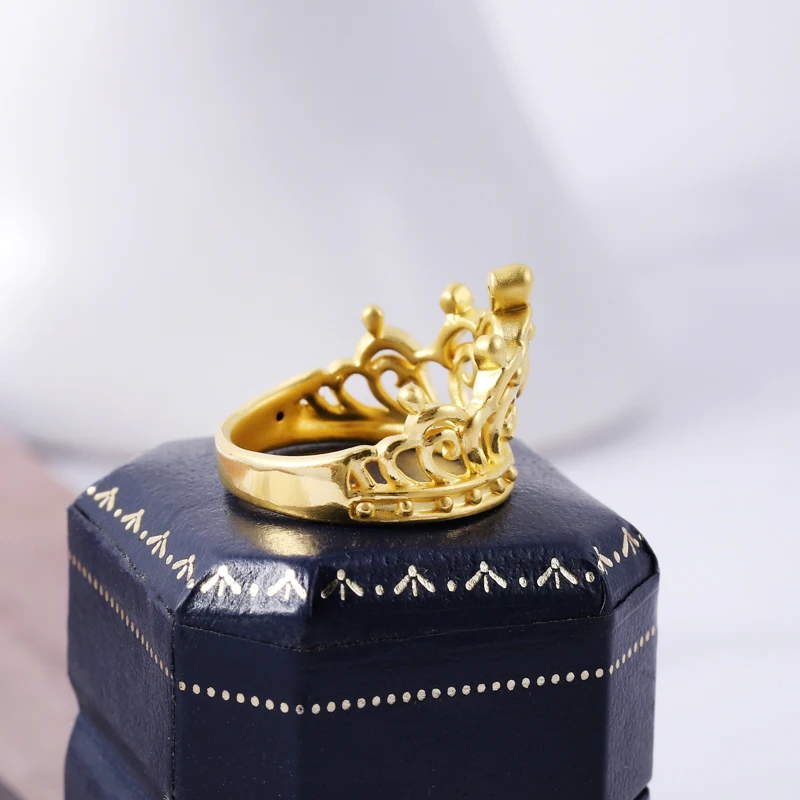 Pure 24K 999 Yellow Gold Women Lucky Crown Ring US Size:4-10