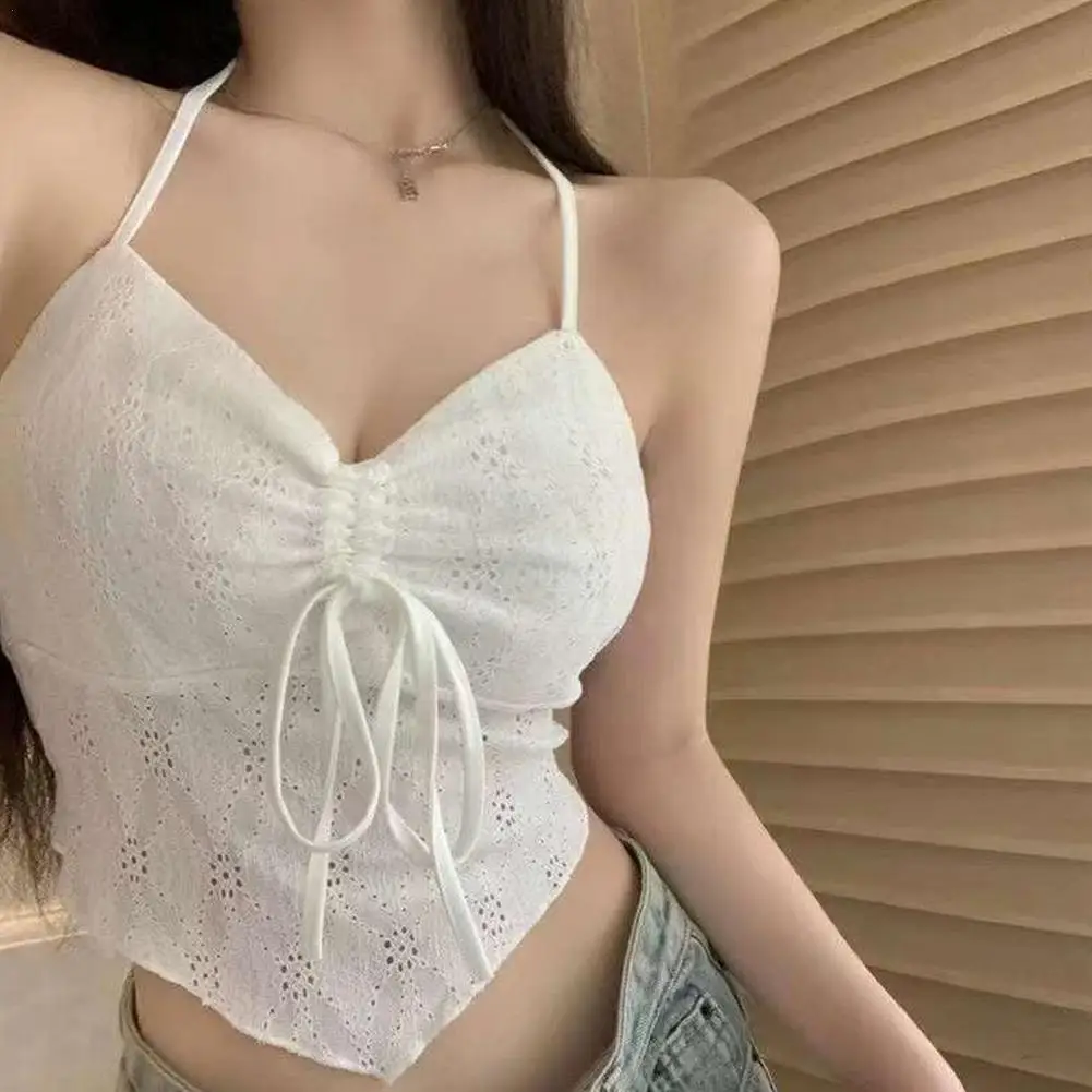 Sexy Bow Strap Camisole Crop Top Aesthetic White Bow Cute Sweet Mini Vest Knitted Basic Casual Tee Women Summer Backless Street