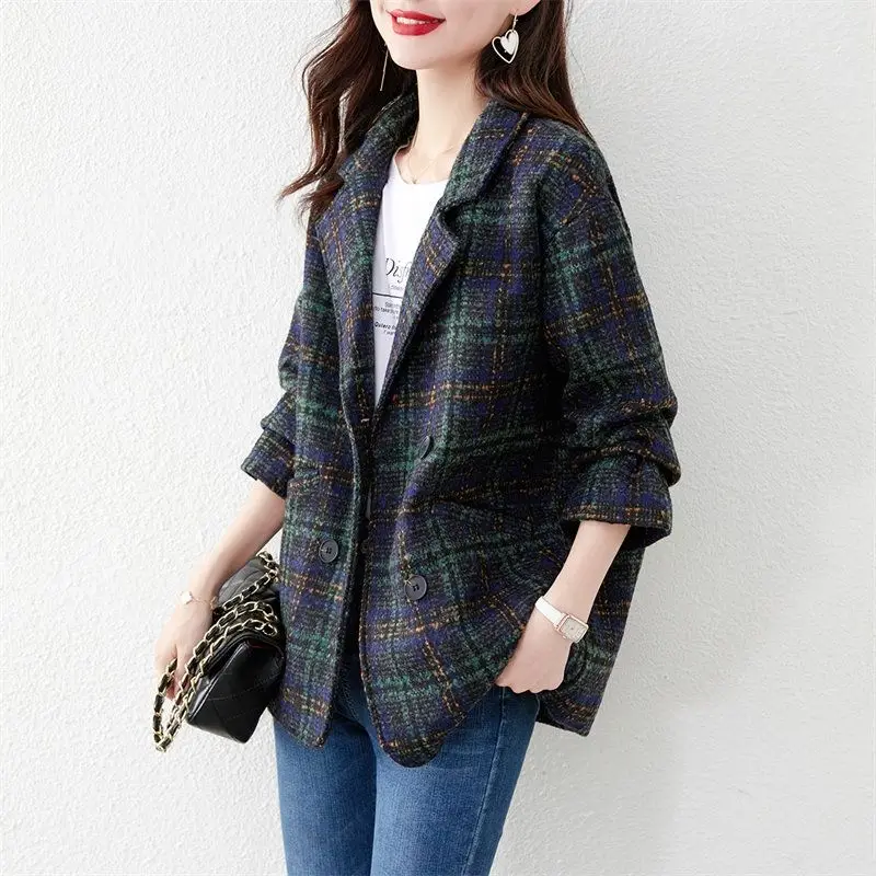 New Women Clothing Korean Woolen Coat Spring Autumn Plaid Windproof Coat High-end Female Small Popular British Style Woolen Coat