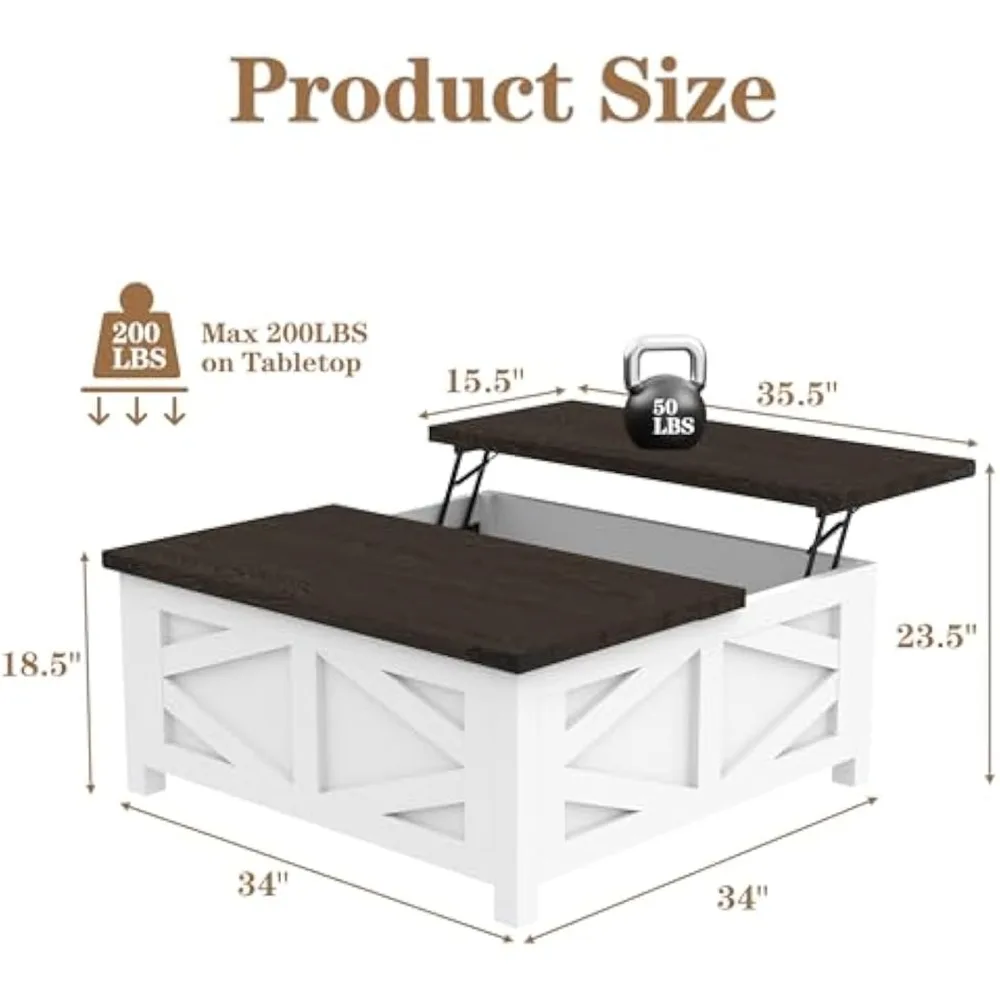 36" Farmhouse Lift Top Coffee Table with Storage, Square Coffee Table with Charging Station, Living Room Center Table with Large
