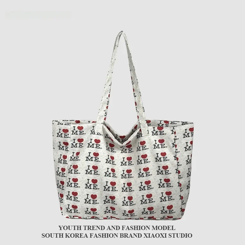 

Корейская повседневная сумка-тоут с принтом в виде сердца, женская вместительная сумка для поездок на работу, сумка с двойными ручками, сумка через плечо, дамская сумочка