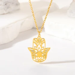 Gold Color Stainless Steel Hand of Fatima Necklace For Woman Men Vintage Neck Chain Golden Openwork Lotus Flower Motif Jewelry