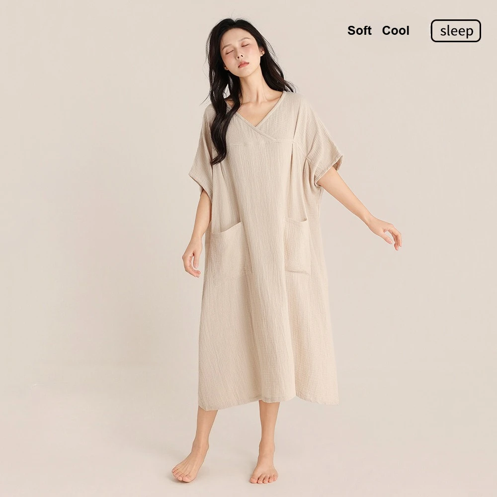 Women's Summer Double Layer Crepe Cotton Nightdress Unprinted Long Pullover Dress Simple French Loungewear Outdoor Wear L Size