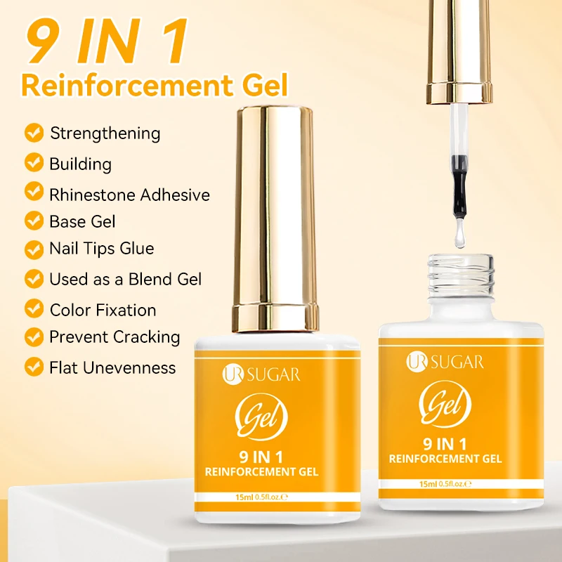 UR SUGAR 15ml 9 in 1 강화 젤 네일 폴리쉬 다기능 클리어 소크 오프 UV 젤 네일 스트렝스너 빌딩 컨스트럭션