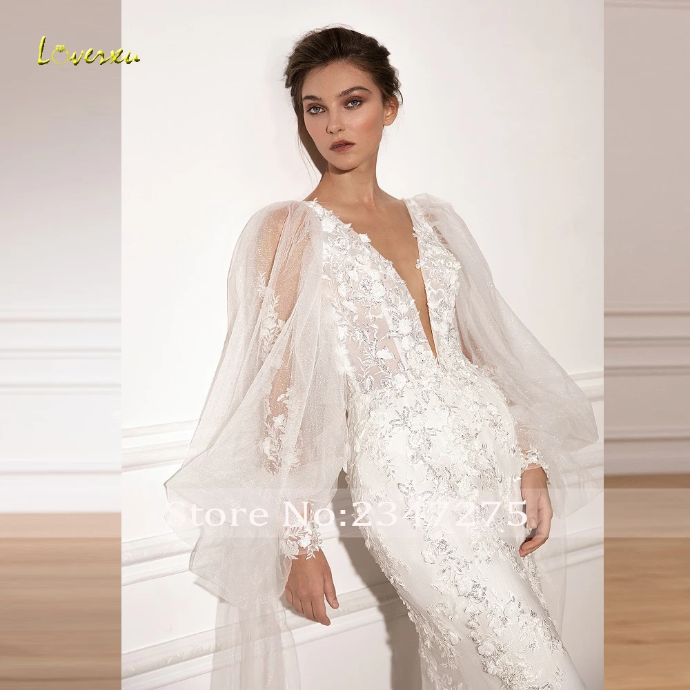 Loverxu Mermaid Graceful Wedding Dresses V-Neck Long Puff Sleeve Vestido De Novia Lace Appliques Custom Made Robe De Mariee