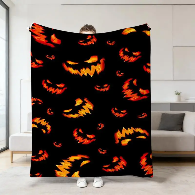 Halloween-Orange-Deckenbezug mit Cartoon-Geister- und Totenkopf-Druck, Flanell-Schlafdecke, Sofabezüge, Multifunktionale Dekorative Decken – Detail 13