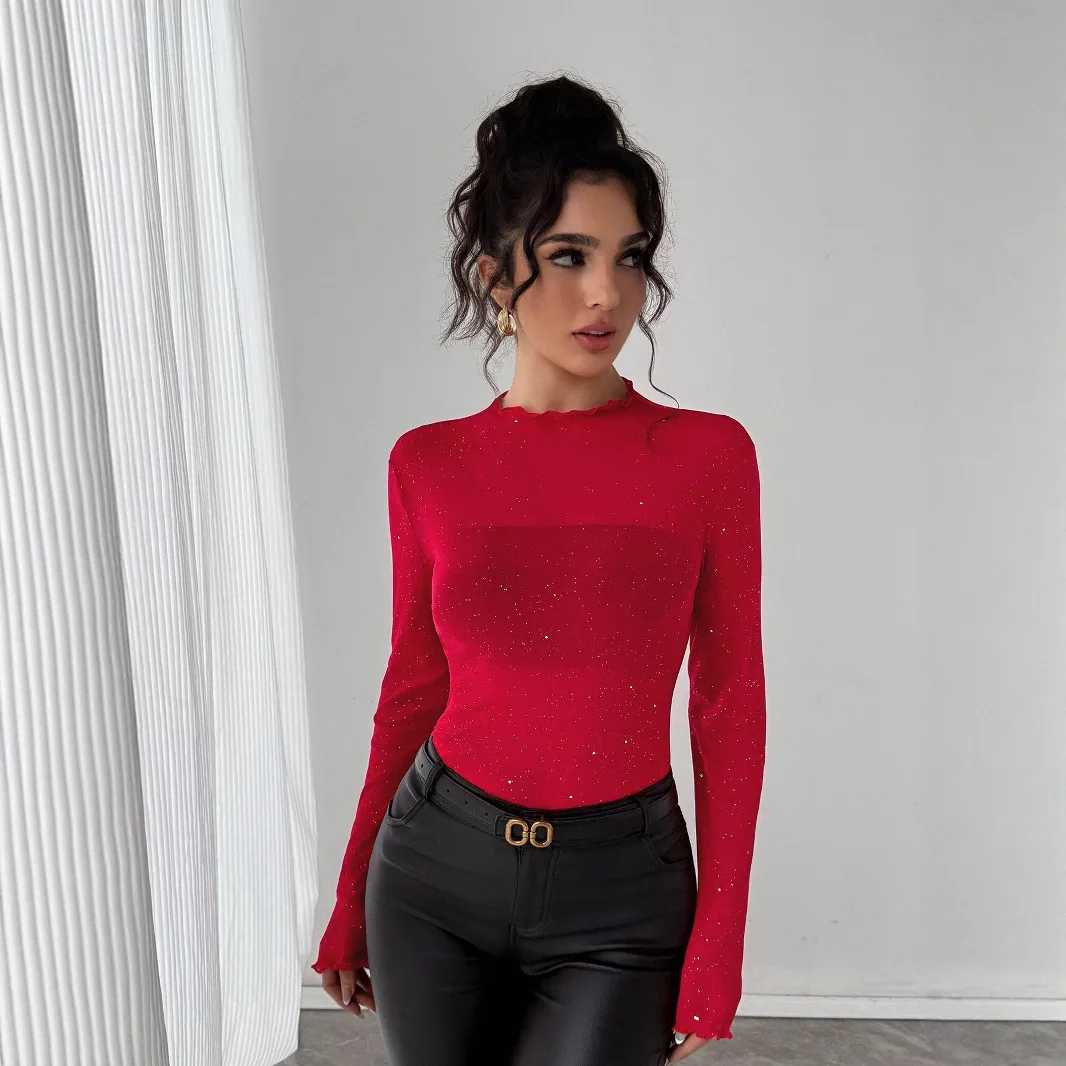 2026 Women's Spring and Autumn New Fashion Temperament Sexy Slim Solid Color Long Sleeve Sequined Commuting Thin Tops for Women