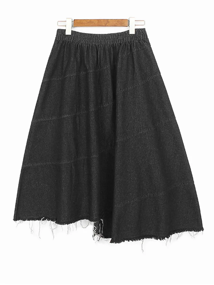 High Elastic Waist Black Denim Irregular Burr Long Half-body Skirt Women Fashion Tide New Spring Autumn  M985