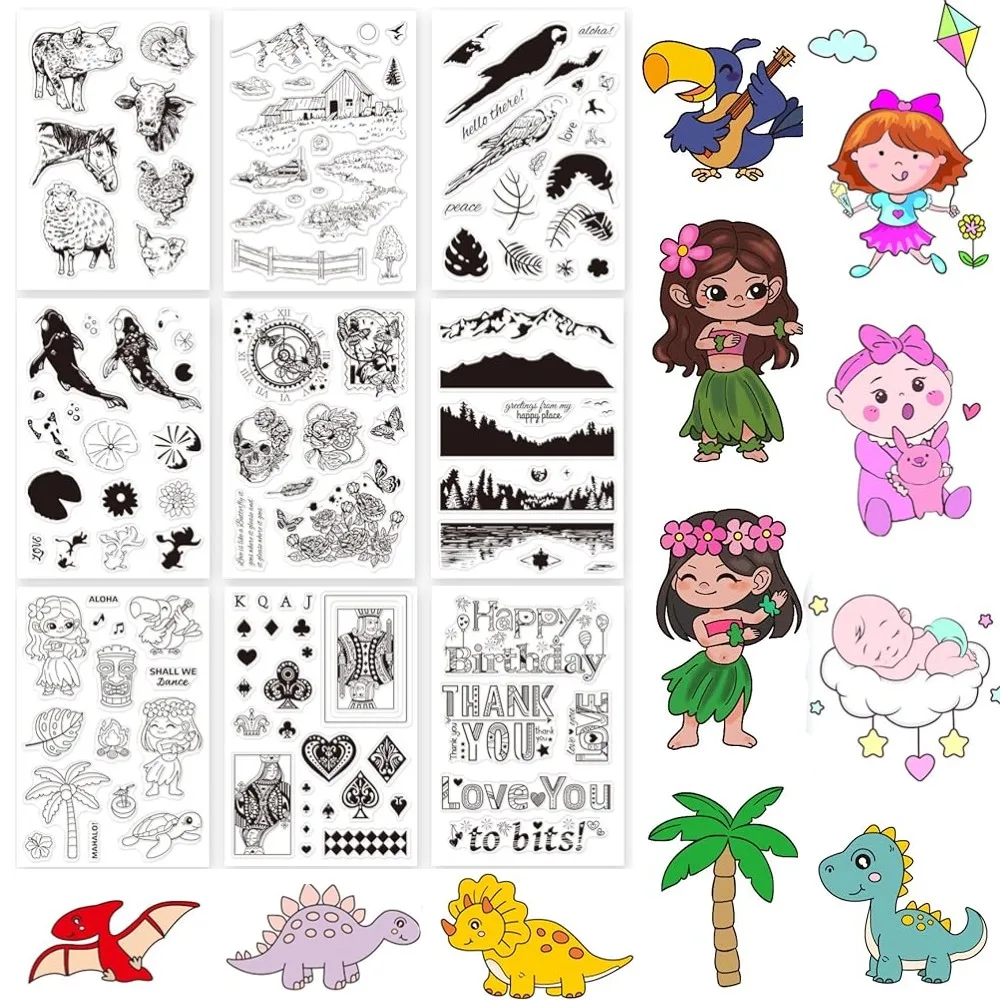 9 Sheets Mixed Theme Silicone Clear Stamps Seal for Card Making Decor and DIY Scrapbooking(Animal Landscape Livestock Parrot