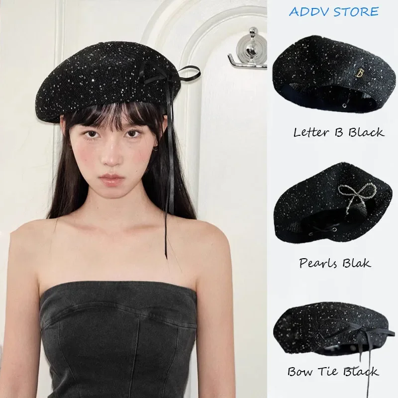 Y2K Bling Sequin Letter Pearls Bow Berets Hats for Women Spring Summer Hollowed Out Breathable Octagonal Painter Bonnet Boina