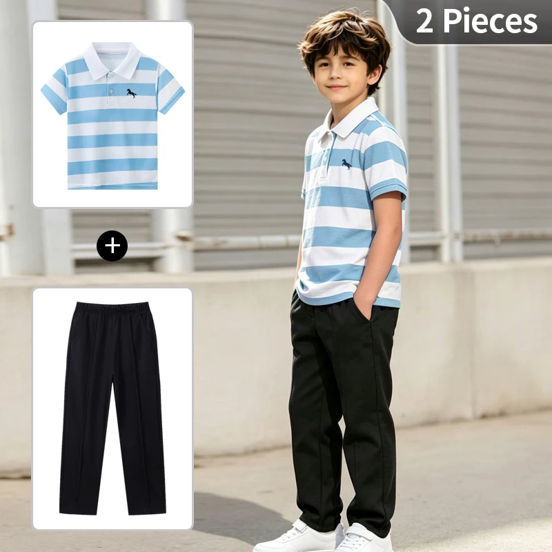 2-piece Children's Summer Fashion POLO Set Boys' Lapel Button Short Sleeved Casual Versatile Pocket Pants Outdoor Trendy Clothes