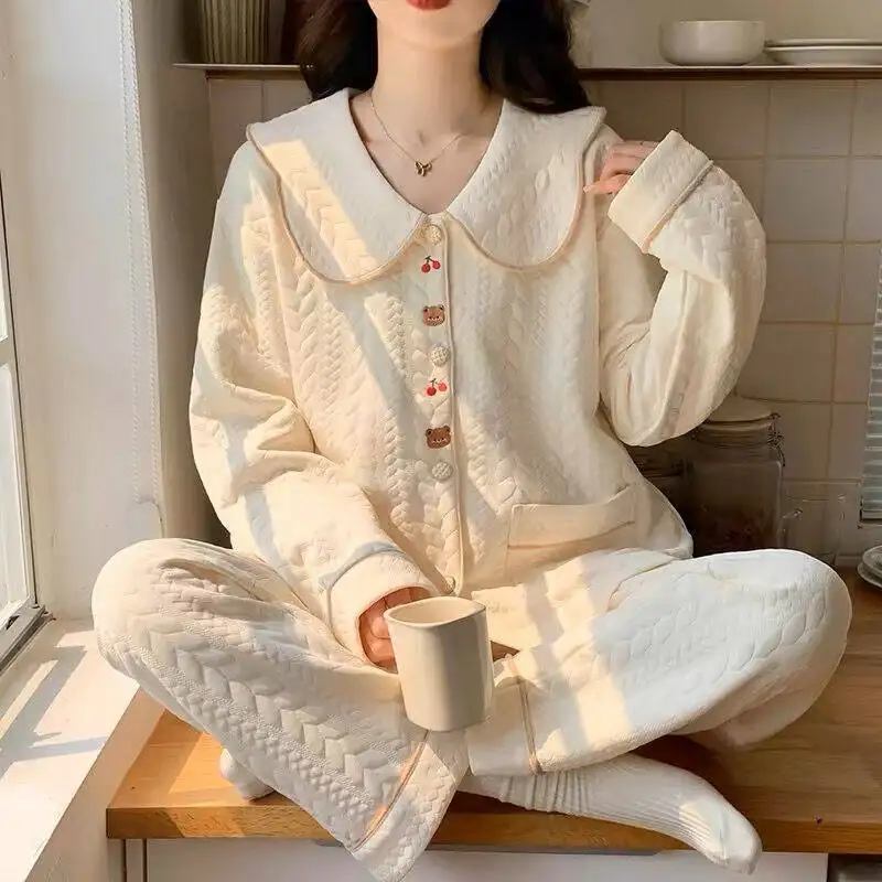

5A Antibacterial Pure Cotton Women's Sleepwear Long Sleeve Home Suit Set Thick Cute Design for Autumn Winter Spring