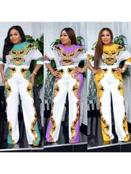African Print Set - Slim Fit Top with 3/4 Sleeves and Matching Pants - Comfortable Round Neck, Fashionable Women's Plus Size Set