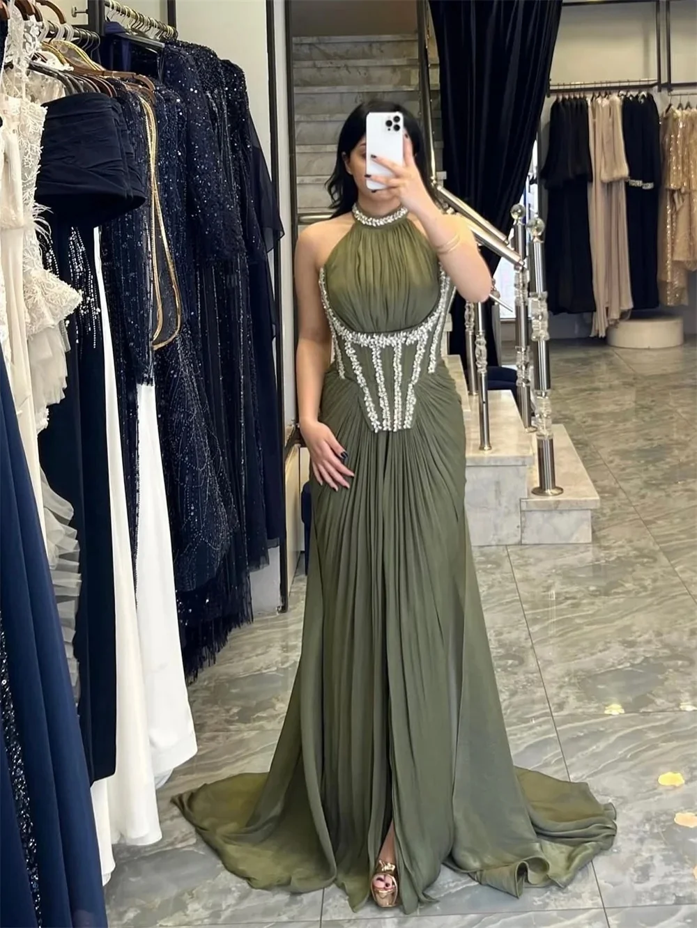 

Halter Beaded Long Bespoke Occasion Gown Evening Dresses Pastrol Unisex Jersey Retro Dubai Saudi Arabic Israel Prom Customized