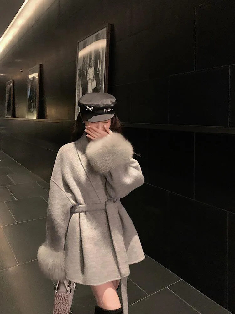 Women Long Cardigan Loose Overcoat Winter Warm Luxury Fox Fur Sleeves Coat With Belt Turn-down Collar Two Side Cashmere Jacket