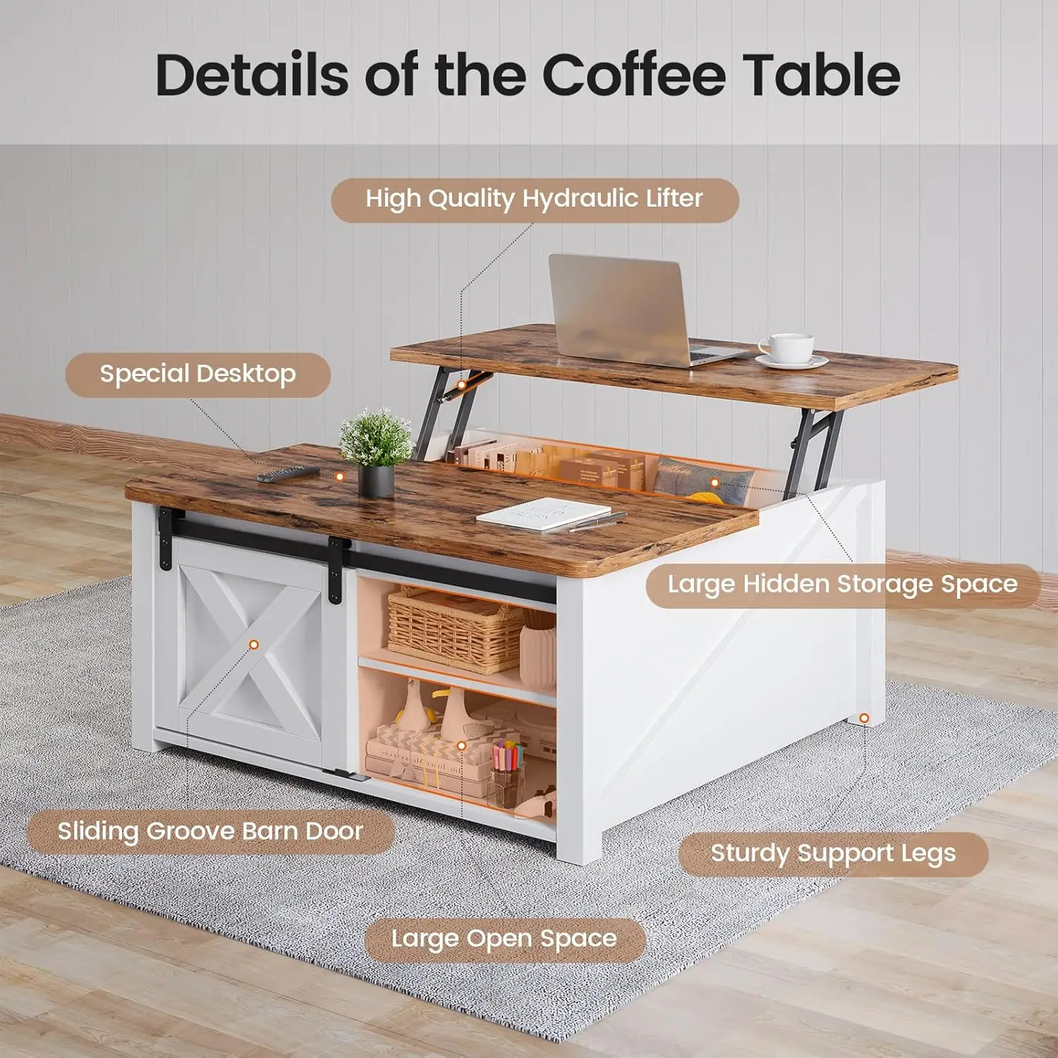 Tavolino da caffè con piano elevatore da 31.5 "con contenitore, quadrato per soggiorno, tavolino da fattoria con ampio spazio nascosto