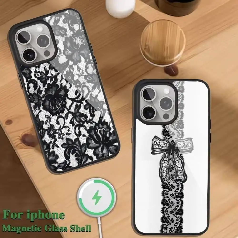 

Black lace print New Hot Phone Case For Magnetic Wireless Charge Cover For iphone 16 15 14 13 12 11 Pro Max Plus Coque