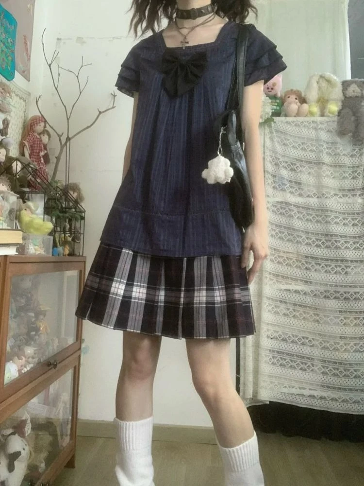 Vintage Japanese Style Two Piece Set Women Casual Short Sleeve Bow Square Neck Top + Pleated Mini Skirt Harajuku Streetwear