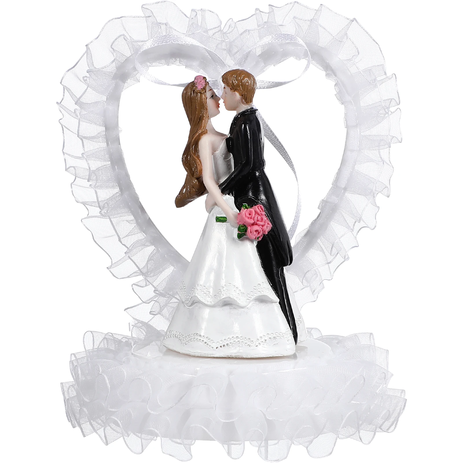 

Wedding Cake Toppers Bride Groom Figurines Decoration Ornament Mesh 3D Heart Shaped Gauze Cake Decorations Romantic Atmosphere