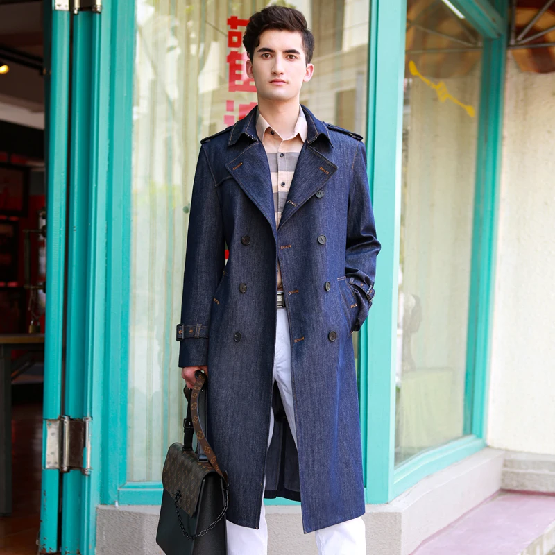 Men's Long Denim Trench Coat - Over-the-Knee Double-Breasted British Style for Autumn and Winter Thickened and Warm