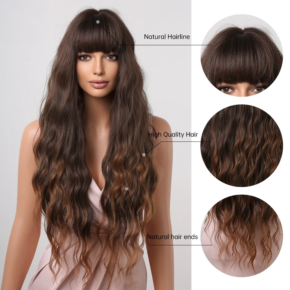 Long Wavy Synthetic Wigs for Women Ombre Brown Blonde Curly Wigs With Bangs Daily Cosplay Party Fake Hair Heat Resistant