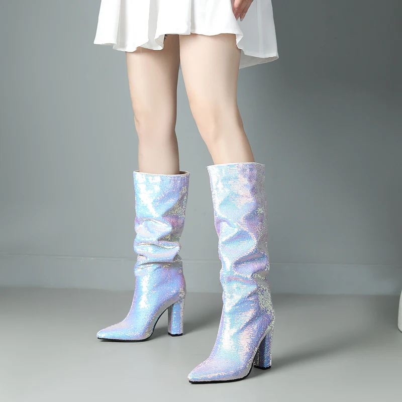 2024 Pointed Ultra High Thick Heeled Polka Dot Sequin Fabric Fashion Boots Bling Shiny Color Changing Thick Plush Knee Boots