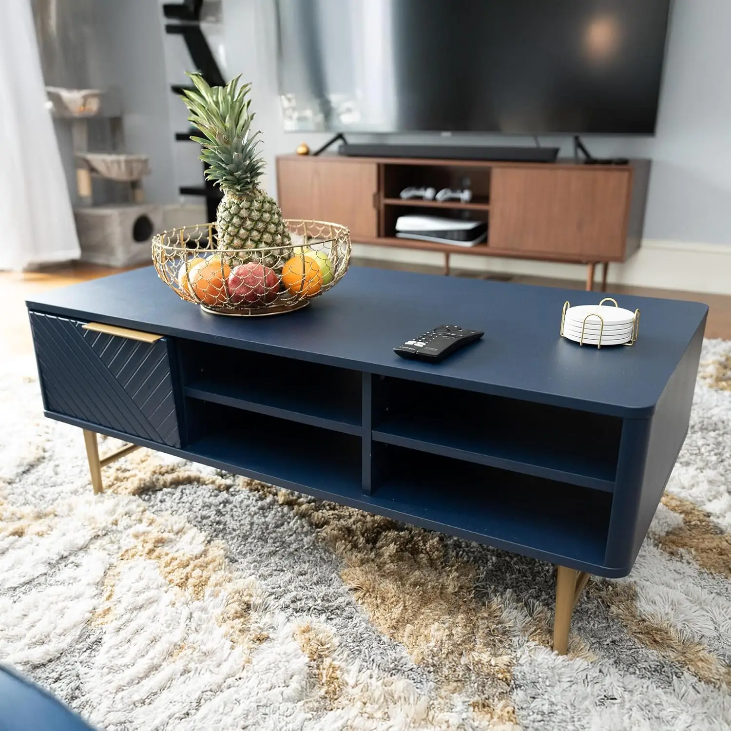 

Modern Coffee Table with Storage - Dark Blue Matte Finish with Gold-Tipped Legs, Square Coffee Table for Living, Customized