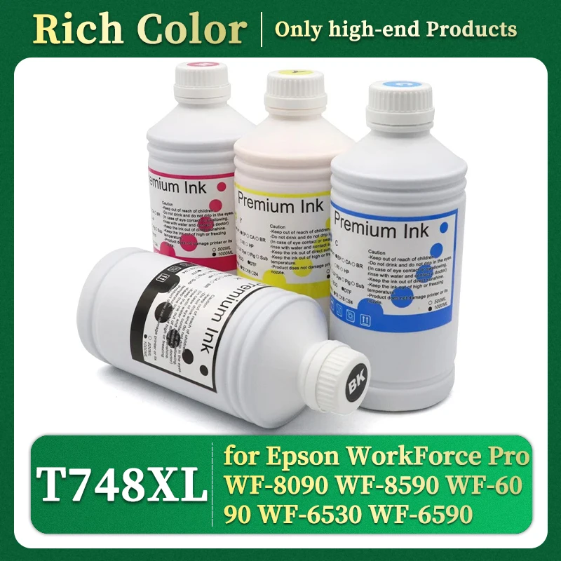 1000ML T748XL T748 T748XXL Pigment Ink For Epson WorkForce Pro WF-8090 WF-8590 WF-6090 WF-6530 WF-6590 Printer Ink