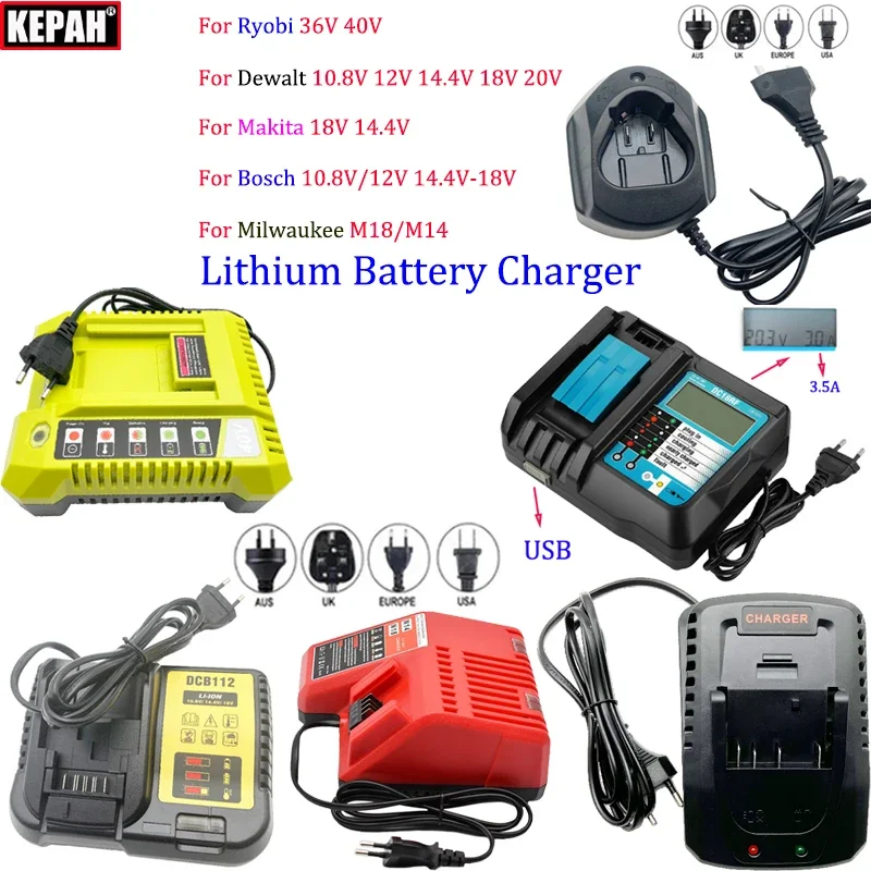 10.8V 12V 14.4V 18V 40V 36V,for Ryobi, Makita, Bosch, Milwaukee, Dewalt tool battery fast charging charger, M18 M14 adapter.