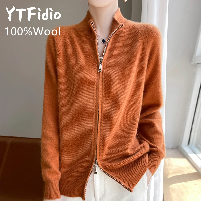 YTFidio 100% Wool Women Zipper Sweater Wool Knitting Sweater Turtleneck Zipper Cardigan Casual Loose Top Thickening Sweater 171