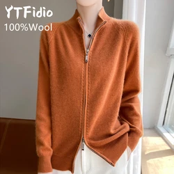 YTFidio ขนสัตว์ 100% ผู้หญิงซิปเสื้อกันหนาวถักเสื้อกันหนาวคอเต่าซิปเสื้อสเวตเตอร์ถัก Casual หลวมด้านบนเสื้อกันหนาวหนา 171