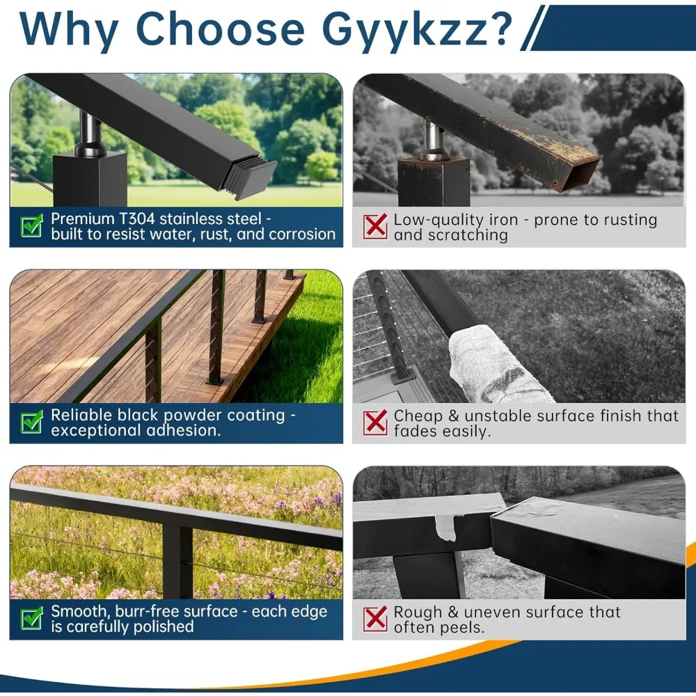 درابزين أسود من الفولاذ المقاوم للصدأ 304 خارجي مطور لأنظمة درابزين الكابلات، عبوتان، 3/64 سكة مستطيلة مسطحة، Dur #3