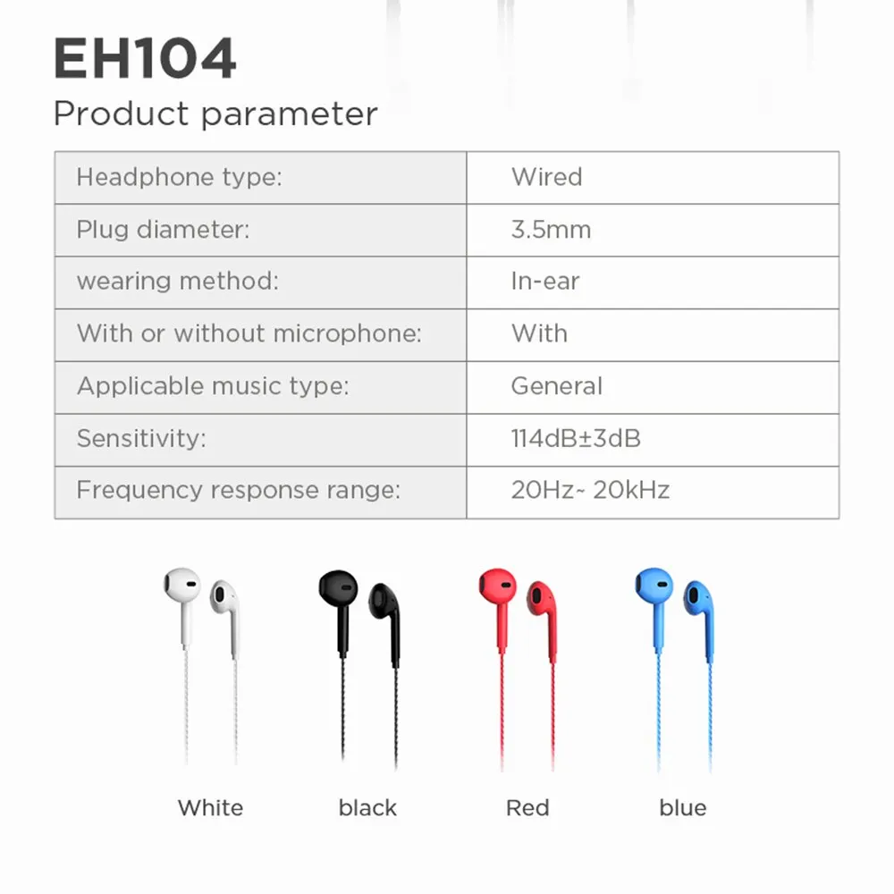 Lenovo Earphone Lecoo EH104 Wired Headphones 3.5mm with Microphone Stereo Earbuds Sports Semi-in-ear