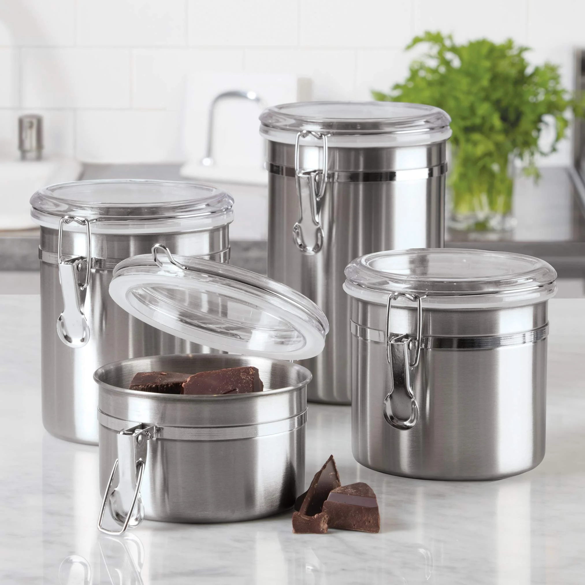 Stainless Steel 4pcs Brushed Tea Coffee Sugar Kitchen Storage Tins Metal Canister Set with Countertop Window View