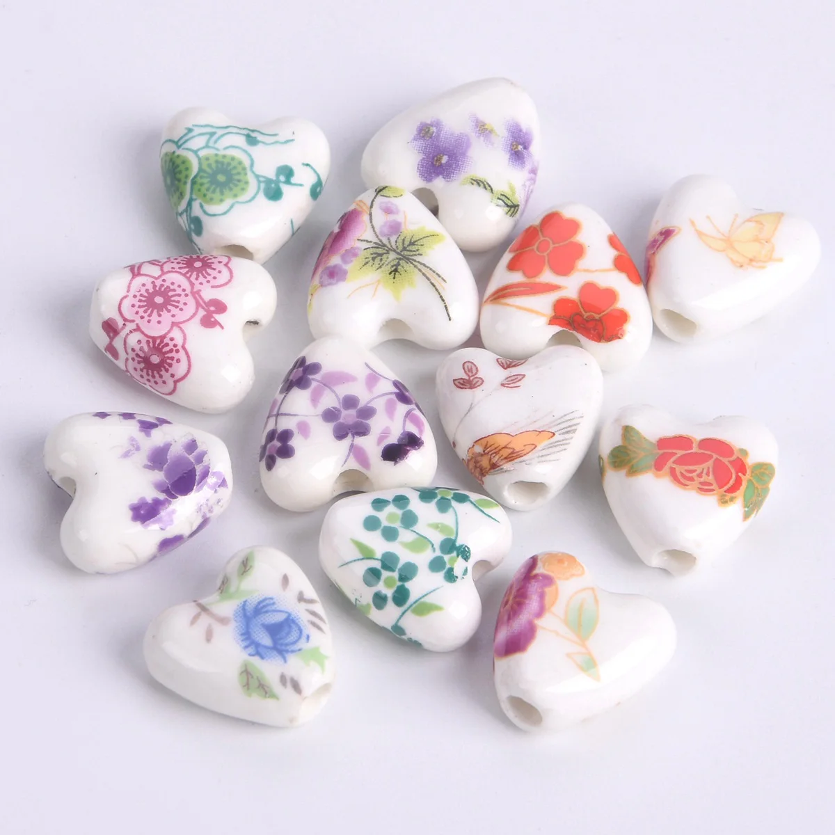 10pcs 14mm Heart Shape Flower Patterns Ceramic Porcelain Loose Crafts Beads For Jewelry Making DIY Findings