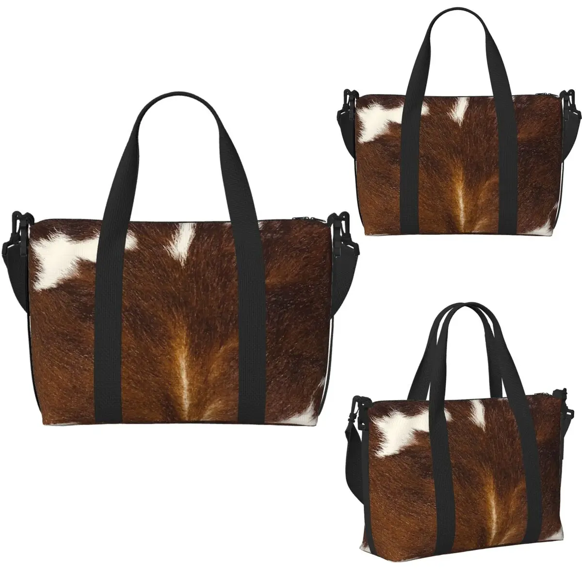 Stylish Cow Fur Cowhide Texture Cow Skin Print Patter Beach Travel Bag Tote Bags for Gym Women Shopping Duffle Shoulder Bag