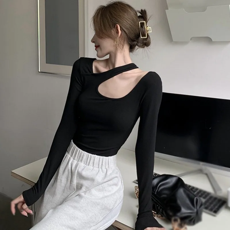 Korean Version Halter Hollow Out Slim T-shirt Sexy Long Sleeves Casual T Shirts Summer Girly Versatile Pu Woman clothes 2024