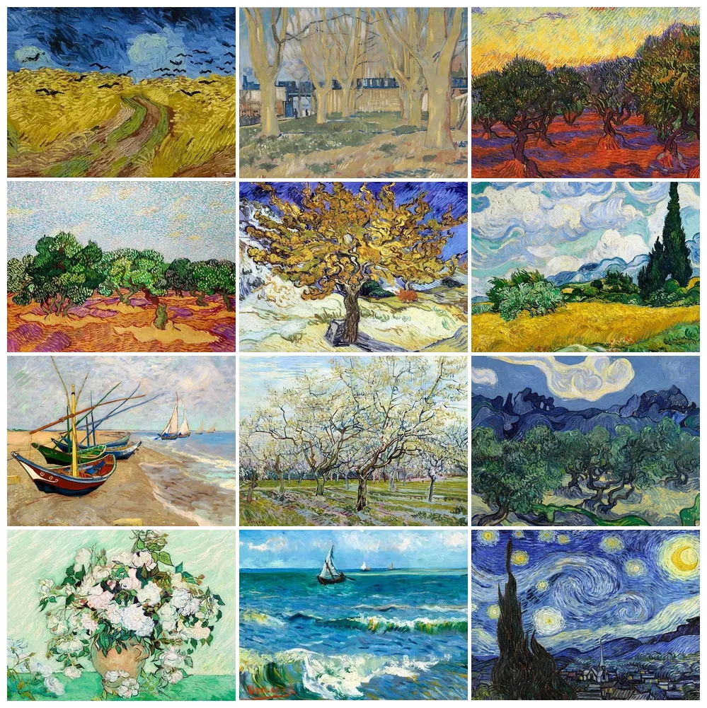 Pintura de Diamantes DIY Estilo Van Gogh, Mosaico 5D Completo, Diseño Abstracto de Jardín, Flores de Almendro, Noche Estrellada, Decoración con Pedrería para el Hogar