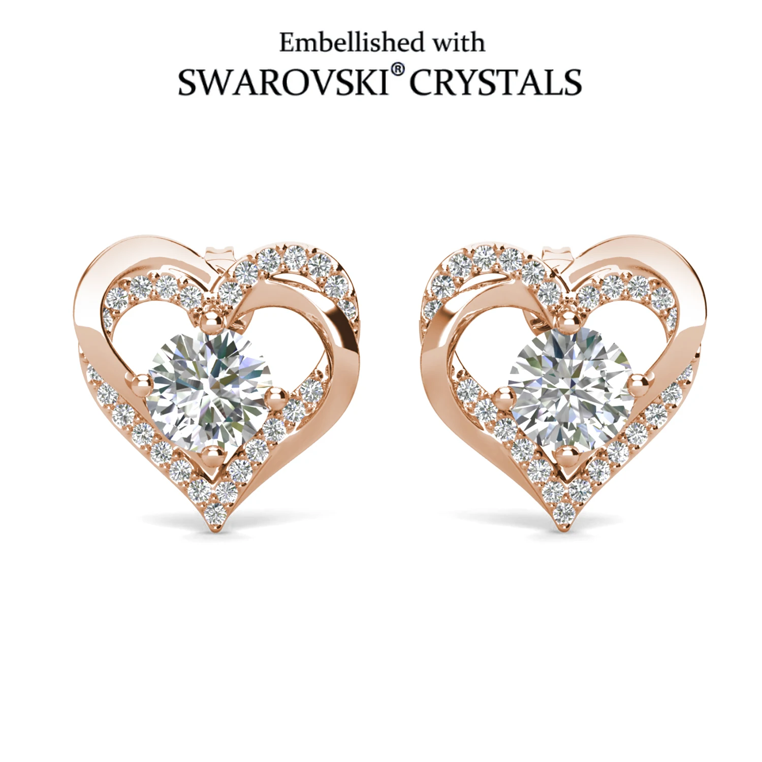 Double Heart Stud Earrings Embellished with Swarovski Crystals Silver Rose Gold Plated Fashion Jewelry for Women Elegant Party