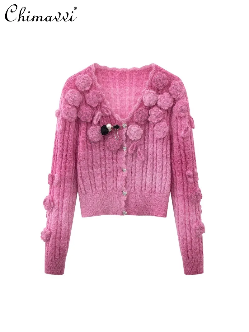 2024 Pink Explosive Vintage Knitted Sweater Heavy Industry Three-dimensional Rose Flower Design Sweater Long Sleeve Jacket Women