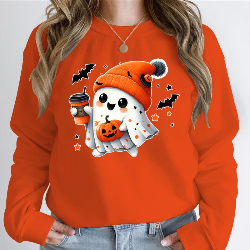 

Halloween Pumpkin Ghost Women Hip Hop Hoodless Sweatshirts Harajuku Creative The Boo Coffee Graphic Autumn Long Sleeve Pullover