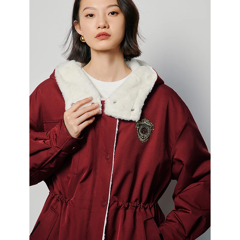 Toyouth Women Thick Coat 2023 Winter Long Sleeve Loose Hooded Jacket Academy Style Badge Fashion Warm Versatile Wine Red Tops