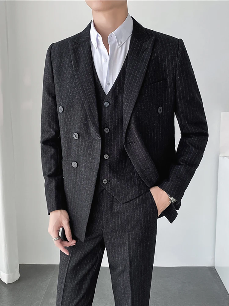 

7XL Jacket + Vest + Pants / High-end Brand Fashion Striped Mens Formal Business Suit 3Pce Set Groom Wedding Double Breasted Suit