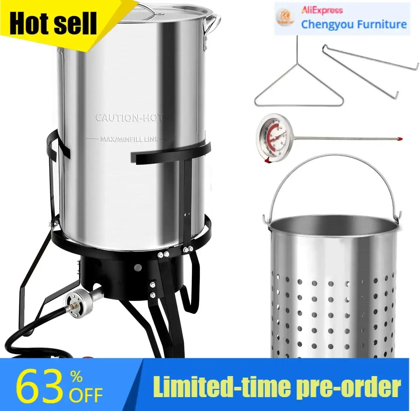 50Qt Turkey Fryer Propane Stove Stainless Steel Outdoor Deep Fryer Seafood Boiler Steamer Basket Thermometer Lifting Hook Suppor