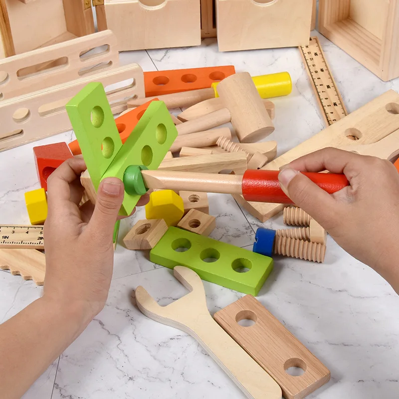 Funny Wooden Repair Tools kids Carpenter Construction Safe wood Saw Hammer wrench props set Tool Box Boy Pretend Play game toy